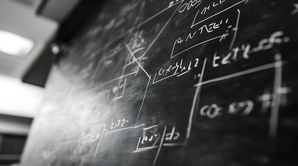 Blackboard filled with scientific formulas, including physics equations and chemical structures