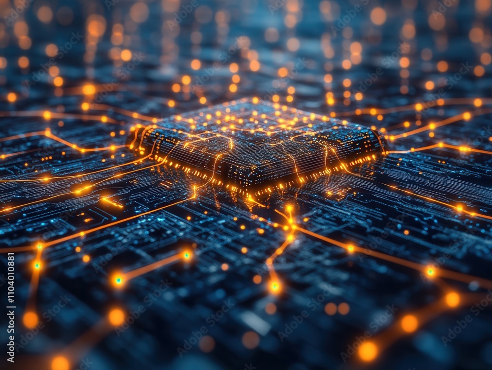Poster a digital circuit board with glowing connections, symbolizing technology, data flow, and advanced co