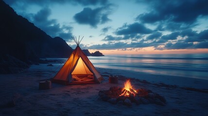 cozy tent in a beach, dime lights, bonfire, sunset
