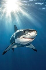Fototapeta premium Majestic Great White Shark Swimming in Crystal Clear Ocean Waters with Sunlight Filtering Through the Surface, Showcasing Nature's Marine Beauty and Marine Wildlife