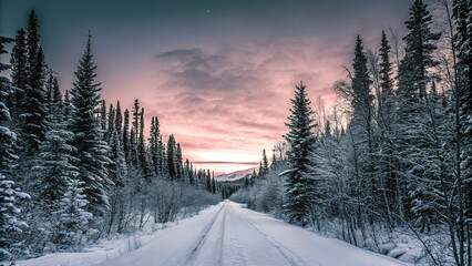 Fototapeta premium snowy forest, glowing pearlescent clouds, path with trees at sunset,