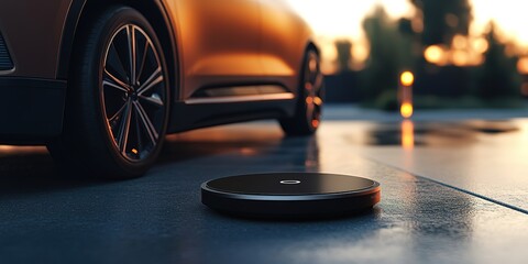 Wireless car charging pad on road at sunset, innovation