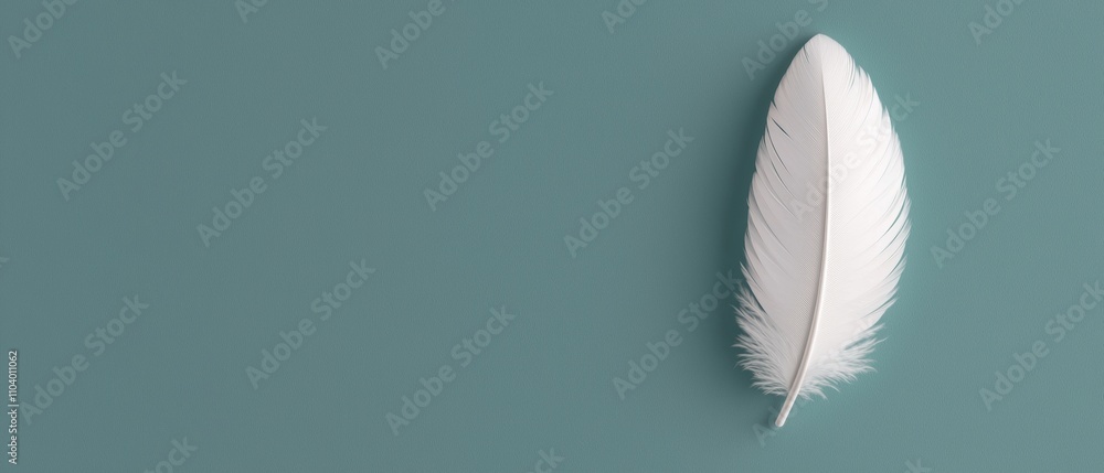 Poster flat lay of a single white feather on a light blue background. the feather is in the center of the i