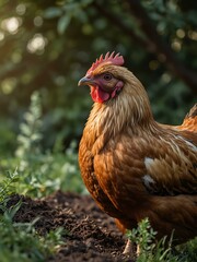 A brown hen in a serene outdoor setting.