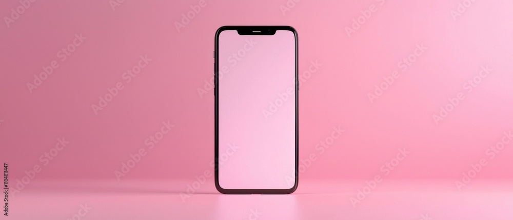 Poster 3d rendering of a smartphone with a blank screen on a pink background. the phone is positioned in th
