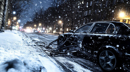 Naklejka premium A snowy street at night reveals a car with a shattered windshield, partially buried in fresh snow, with streetlights casting eerie shadows.