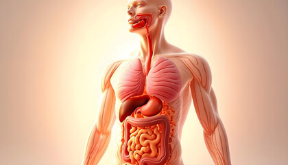 High-Resolution 3D Illustration of the Human Digestive System with Labeled Organs for Medical and Educational Use. Anatomy of human body