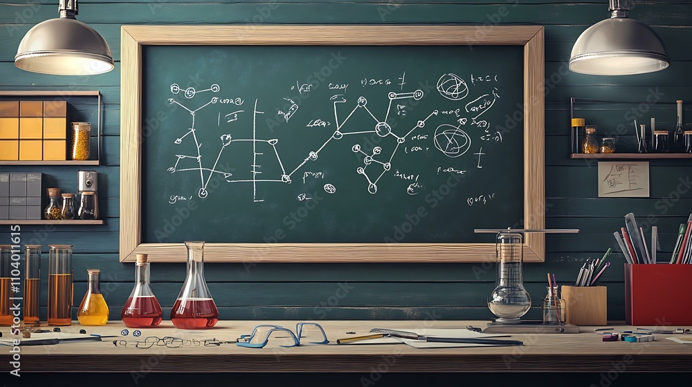 Wall mural blackboard with an array of physics formulas, chemical structures, and scientific symbols in chalk