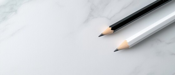 The image shows two pencils lying on a white marble surface. The pencil on the left is black and...