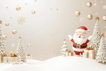 Santa Claus stands joyfully in a sparkling snowy wonderland, surrounded by colorful presents, embodying the magic and spirit of Christmas cheer.
