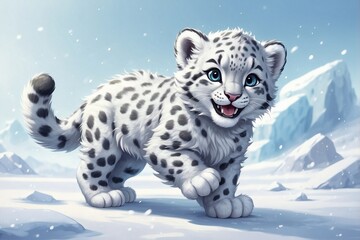 Cute Fluffy Snow Leopard Cub Smiling on a Snowy Surface Next to an Iceberg