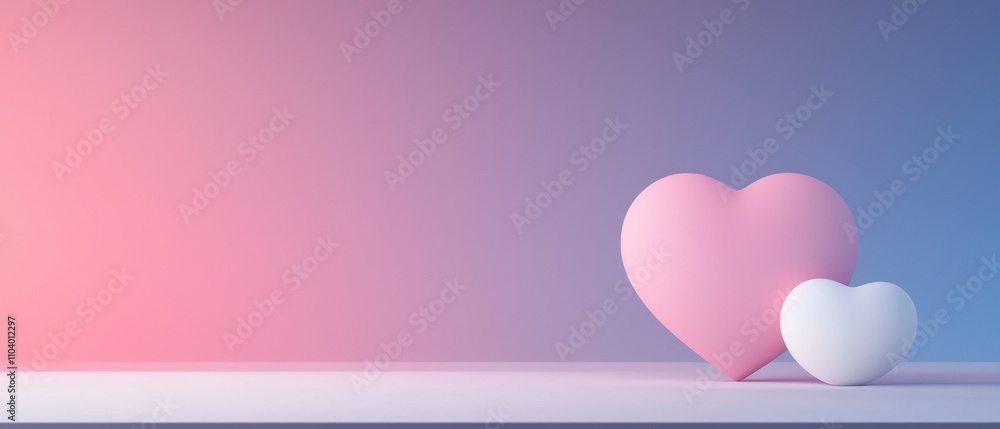 Poster  3D rendering of two heart-shaped objects on a white surface. The background is a gradient of pink and blue, with the pink on the left side and the blue on the right side.