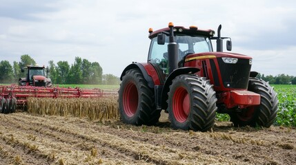 Fototapeta premium A red tractor working in a field, preparing soil for planting crops.