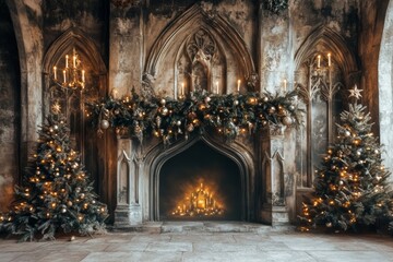 A cozy fireplace adorned with twinkling lights, colorful ornaments, and flickering candles, creating a warm and festive atmosphere for Christmas celebrations.