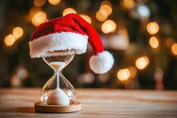 An hourglass with a Santa hat