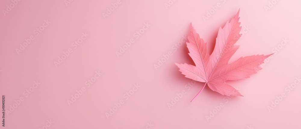 Poster flat lay of a single pink maple leaf on a pastel pink background. the leaf is in the center of the i