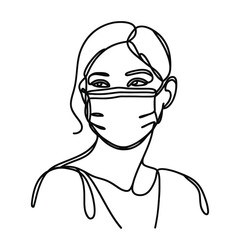 One continuous line illustration of a woman in a protective mask, isolated on white background.