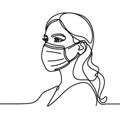 One continuous line illustration of a woman in a protective mask, isolated on white background.