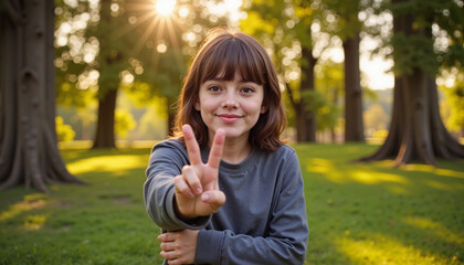 Fototapeta premium Smiling Child Showing Peace Sign in a Green Park
