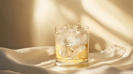 A glass of whiskey on ice sits gracefully on a soft surface, illuminated by warm, natural light, creating a serene and inviting atmosphere.