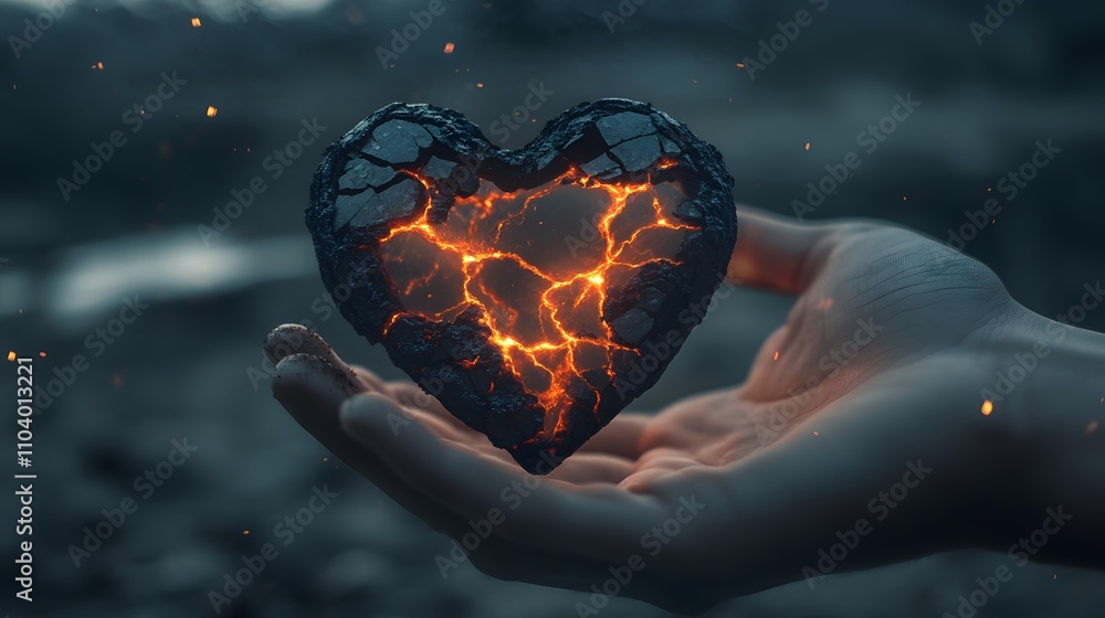 Poster a stunning representation of a heart-shaped lava rock held in a hand with glowing lava cracks in a d