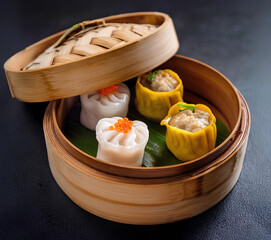 Steamed Dimsum in a Bamboo Basket with an Elegant Presentation