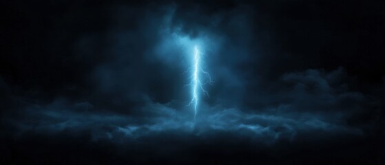  dark and stormy scene with a bright blue lightning bolt in the center. The lightning bolt is striking down from the sky, creating a dramatic and ominous atmosphere.