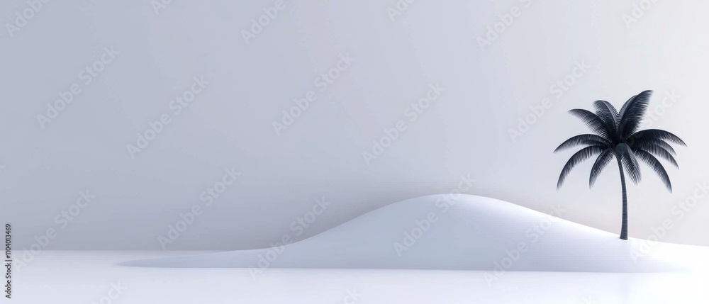 Poster 3d rendering of a white landscape with a single palm tree on the right side. the palm tree is tall a