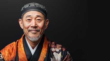 Fototapeta premium Portrait of an elderly Asian man wearing traditional Asian clothing with intricate patterns, smiling against a dark background, emphasizing cultural attire and facial expression.