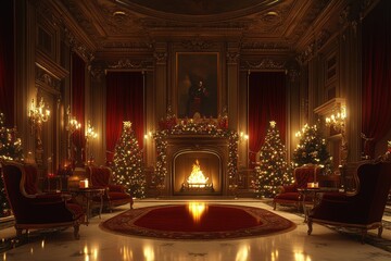 Obraz premium A cozy room adorned with twinkling lights, a warm fireplace, and festive Christmas trees, creating a magical holiday atmosphere filled with joy.