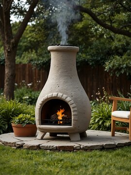 A chimenea in a cozy garden setting.