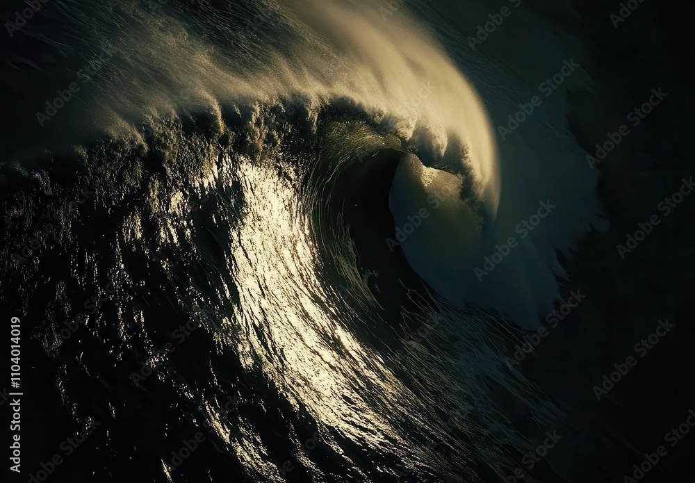 Poster powerful ocean wave crashing with dynamic motion and glimmering light reflections captured in stunni