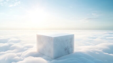 Minimalist product mockup resting on a cloud, enveloped in a serene sky gradient with hints of sunlight. Perfect for showcasing elegance.