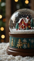 A Christmas glass snow globe with sparkling snowflakes and a quaint house.