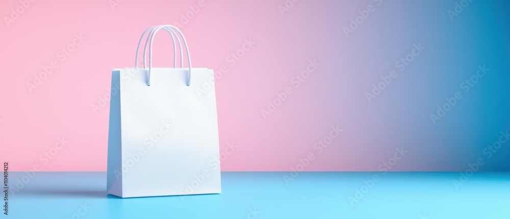 Poster 3d rendering of a white shopping bag on a blue and pink background. the bag is rectangular in shape 