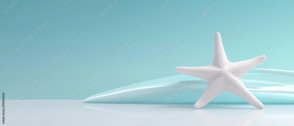 Poster 3d rendering of a white starfish on a light blue background. the starfish is positioned in the cente