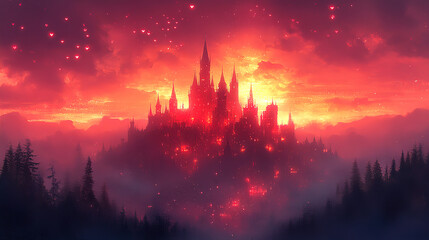 Mysterious dark castle illuminated by a fiery sunset over an enchanted forest landscape in a fantasy realm. Generative AI