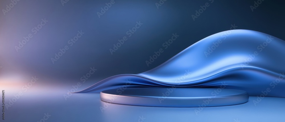 Poster 3d rendering of a blue wave-like object on a round platform. the wave is made up of a smooth, silky 