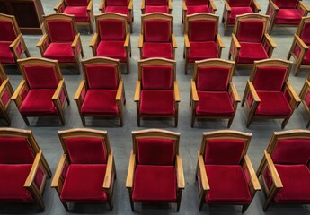 Obraz premium Rows of Red Velvet Chairs in a Conference Hall with Wooden Frames, Symmetrical Arrangement and Modern Aesthetic Appeal for Meeting Spaces