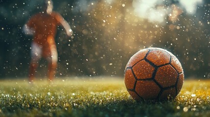 Naklejka premium Wet soccer ball lies on a lush green field during a sunset rain shower, with a blurred soccer player in the background, creating a dramatic and evocative scene of anticipation