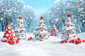Twinkling lights adorn evergreen trees, while colorful presents peek through soft snow, creating a magical Christmas wonderland filled with joy.