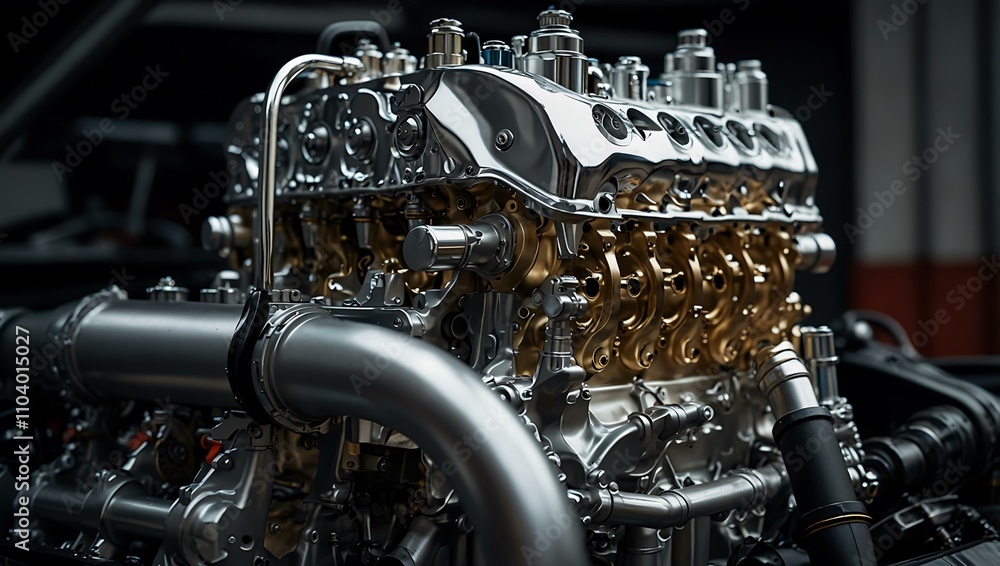 Poster a close-up of a gleaming engine, showcasing intricate details and metallic textures for automotive e