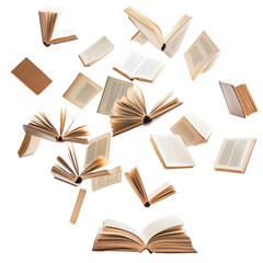 Floating books create a whimsical atmosphere in a colorful display on transported background 