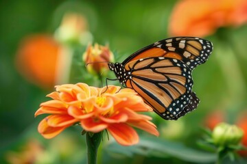 Fototapeta premium A colorful butterfly sits atop a bright orange flower