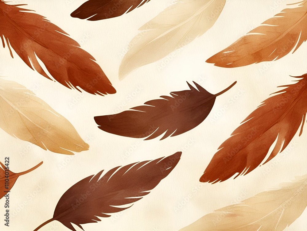 Poster a serene pattern of autumn-colored feathers floating gracefully on a soft, beige background, evoking
