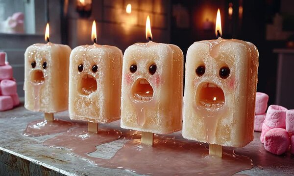 Melting candles shaped like popsicles with faces, creating a whimsical, playful scene.