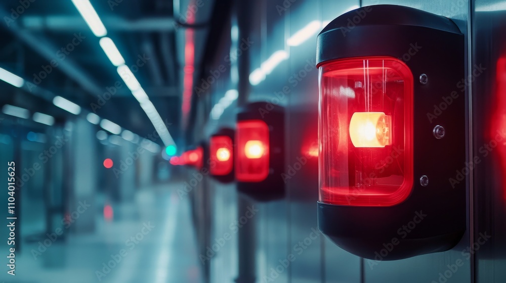 Poster a row of red warning lights illuminates a modern corridor, creating a striking visual of safety and 