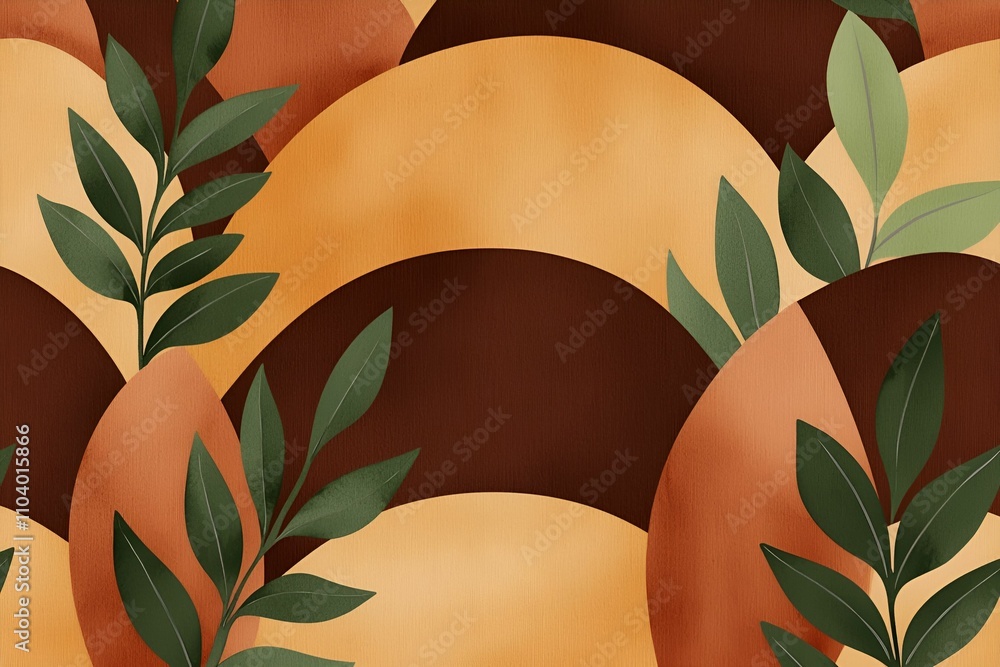 Poster a vibrant abstract design featuring earthy tones and botanical elements, creating a harmonious blend