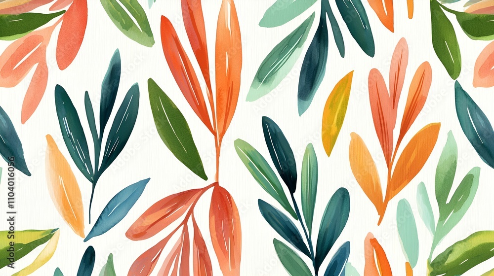 Poster a vibrant pattern of leaves in various colors, creating a lively and artistic botanical design on a 
