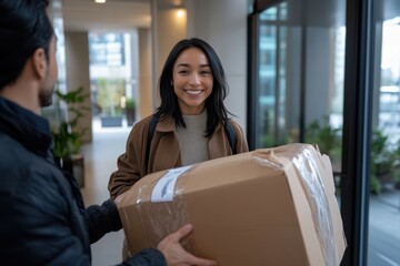 A joyful woman stands at the entrance of her building, happily receiving a delivered package from a courier, showcasing modern urban life and convenience.